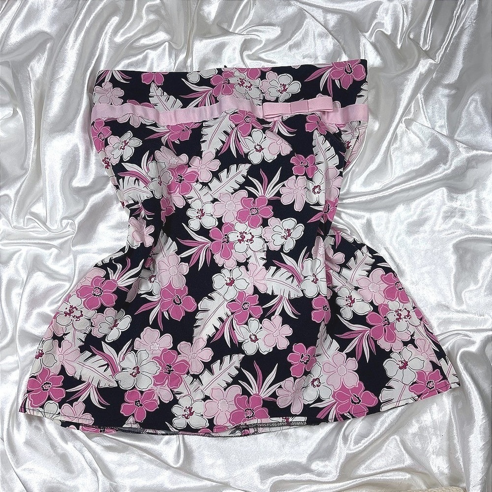 y2k Mini Skirt Pink Excellent Carolina Blues Floral Hibiscus Bow Stretch 14